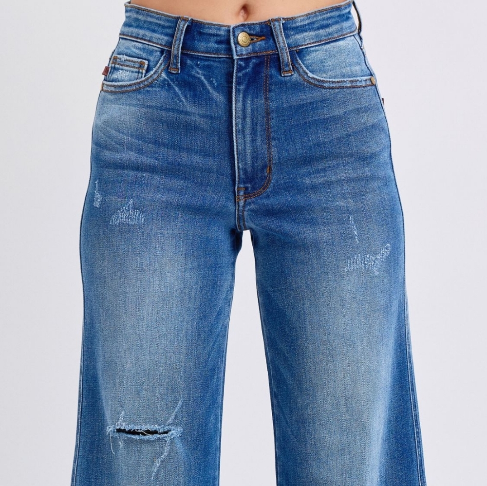 Judy Blue High-Rise Torn Boyfriend Jeans Ultra Wide Leg Cuff Raw Hem Denim Pants - Picture 12 of 16